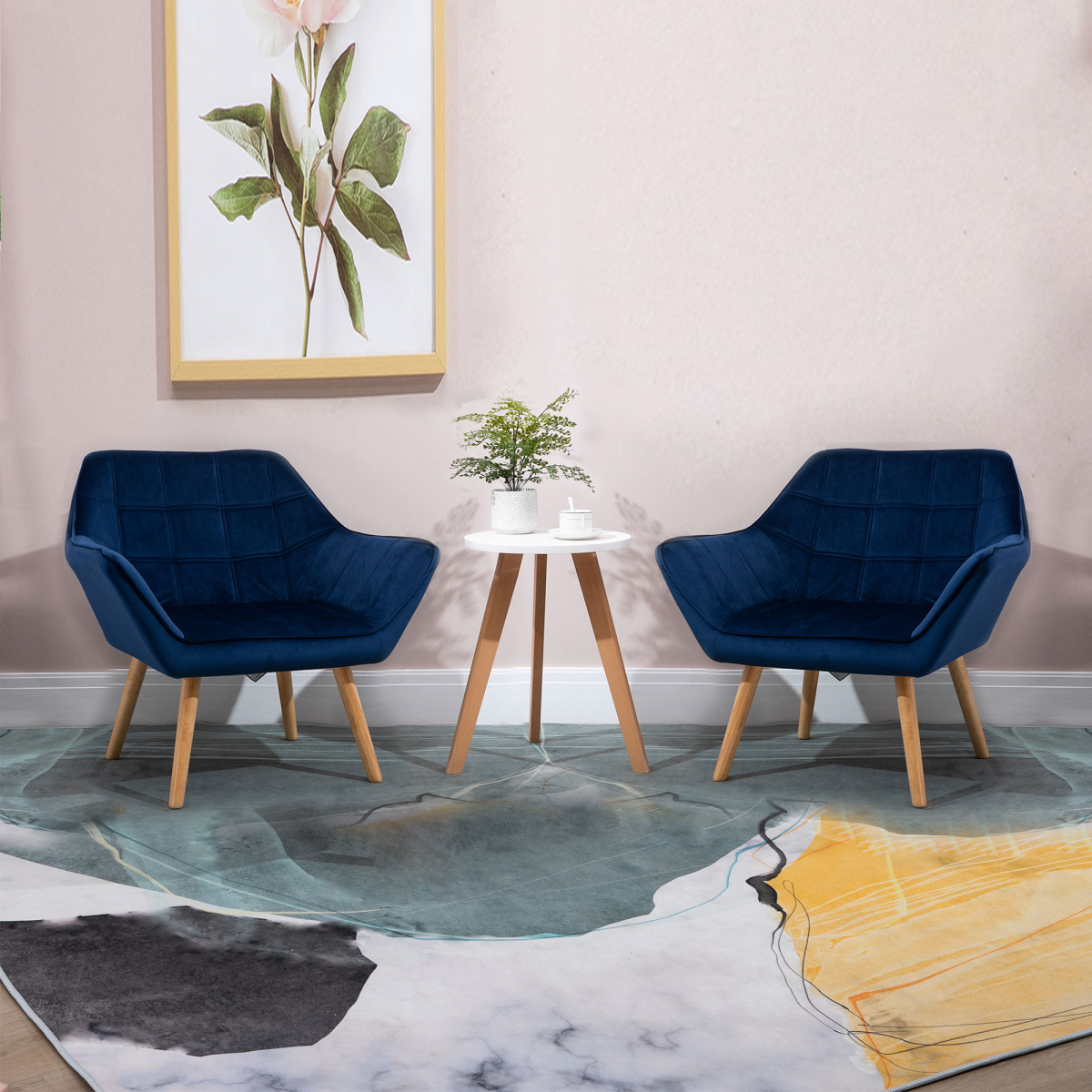 Luxe Velvet-Feel Accent Tub Chair with Wide Arms & Solid Wood Legs – Living Room Armchair, Blue