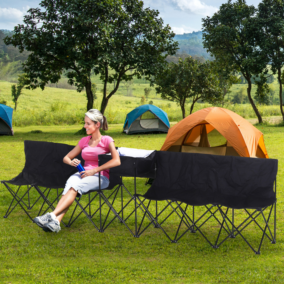 Outsunny 6-Seat Folding Camping Bench with Middle Cooler Bag & Carry Bag – Portable Outdoor Seating, Black