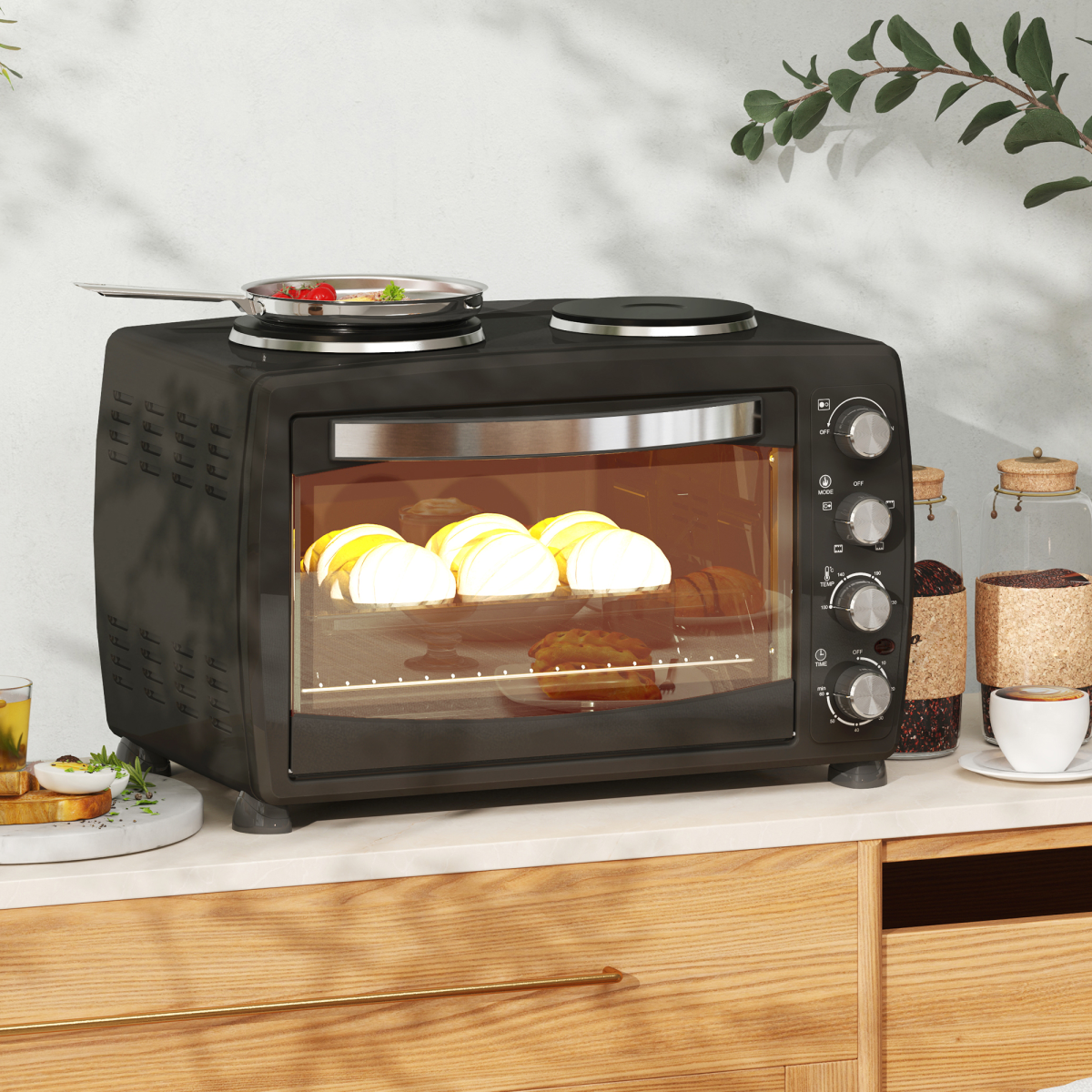 HOMCOM 36L Countertop Toaster Oven with 2 Hot Plates – Grill, Roast & Bake, Mini Kitchen Cooker