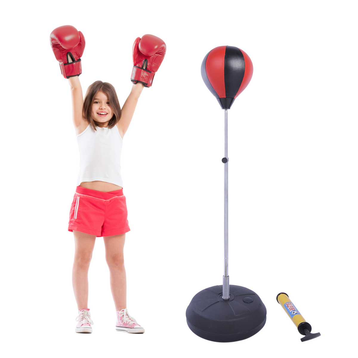 HOMCOM Kids Boxing Set with Adjustable Punch Bag, 6oz Gloves & Air Pump – Fillable Base Training Ball