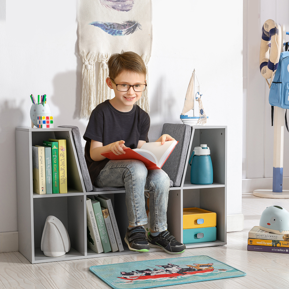 HOMCOM Kids Cabinet with Six Compartments and Cushioned Seat – Toy, Book & Clothes Storage, Grey