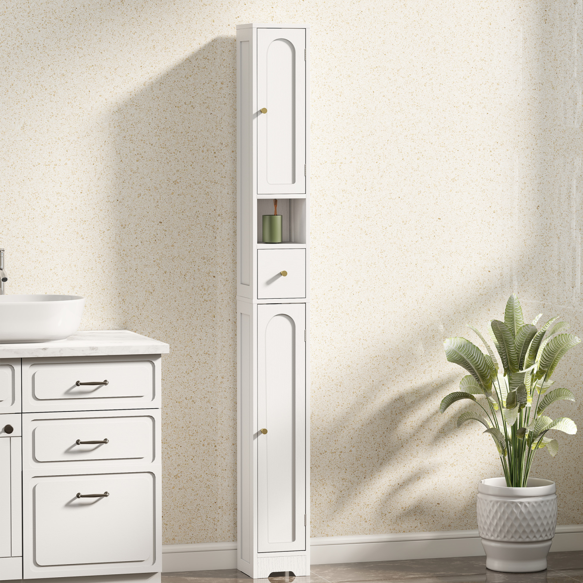 HOMCOM 20cm Slim Bathroom Storage Cabinet with Arched Doors, Drawer & Adjustable Shelves, White