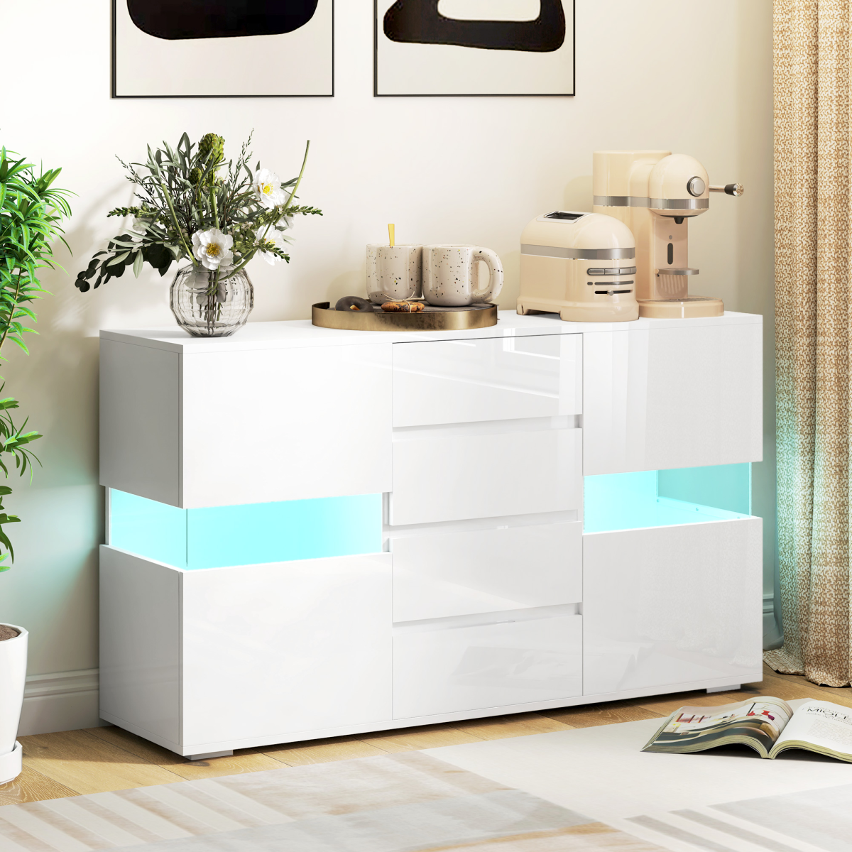 HOMCOM LED High Gloss Sideboard with 4 Drawers & 2 Side Cupboards – Living & Dining Room Storage, White