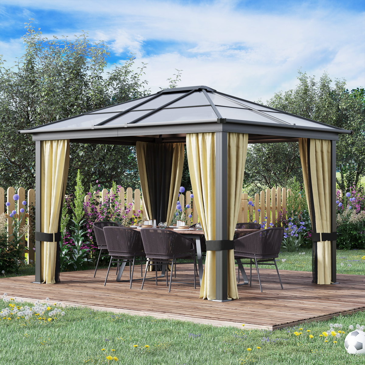 Outsunny 3 x 3.6m Hardtop Gazebo with Polycarbonate Roof & Mesh Side Screens – Garden Shelter, Brown/Beige
