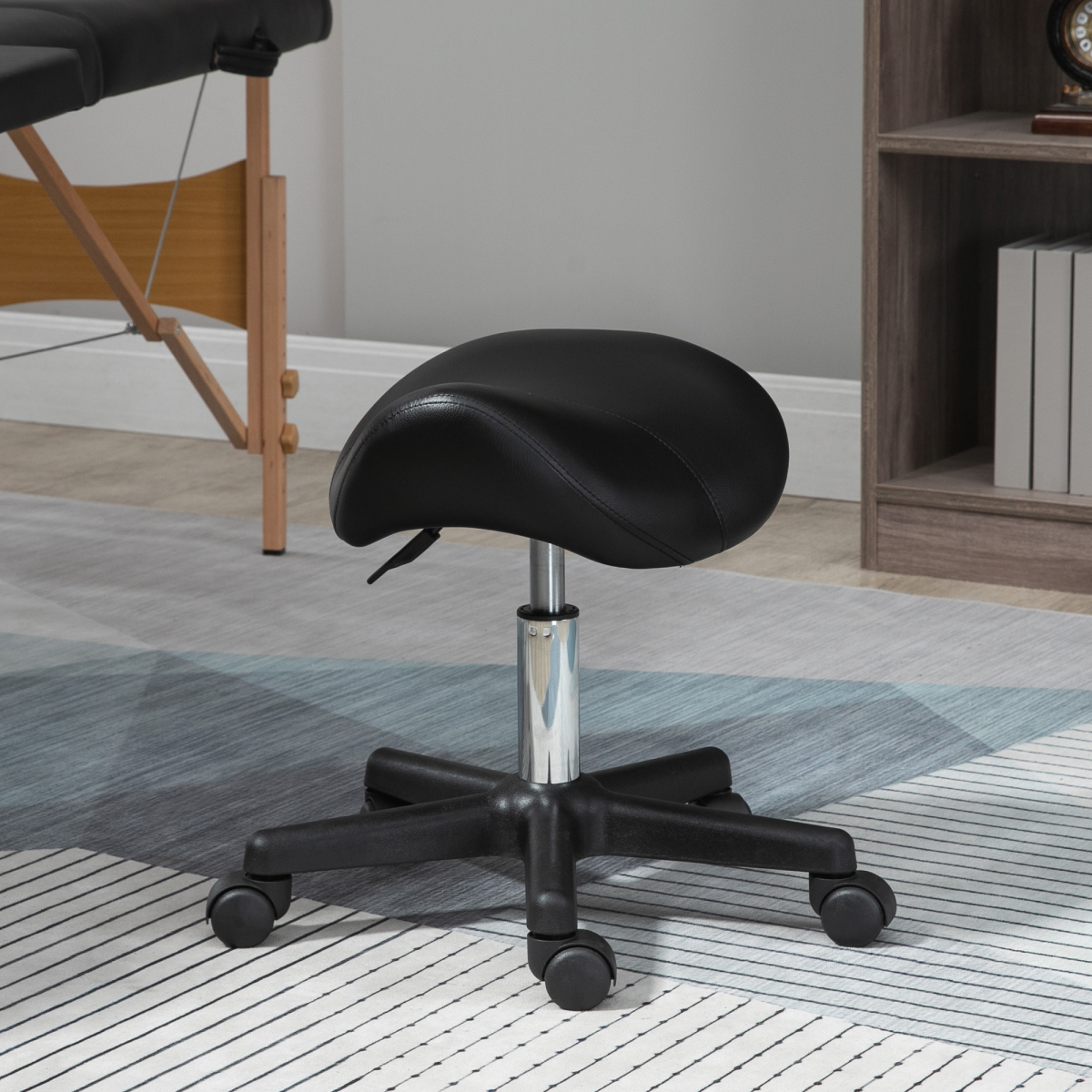 HOMCOM Saddle Stool in PU Leather, Adjustable 45–57cm Height, Steel Frame, 5 Wheels – Rolling Salon Chair
