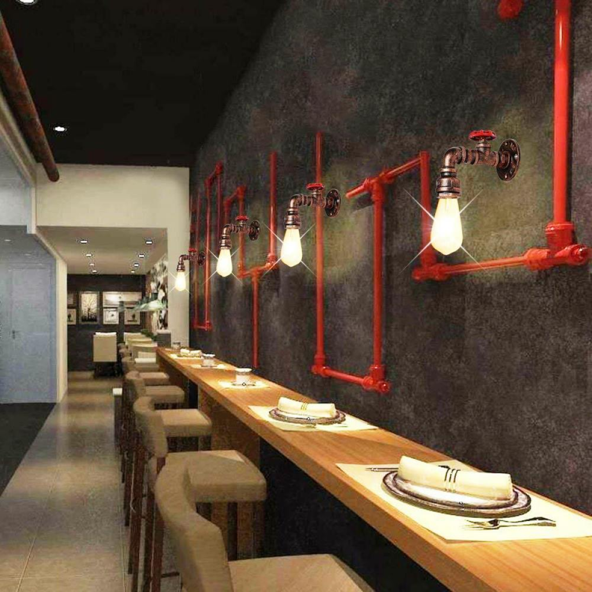 LEDSone Rustic Red Industrial Water Pipe Wall Light with E27 Bulb Included – Vintage Steampunk Sconce