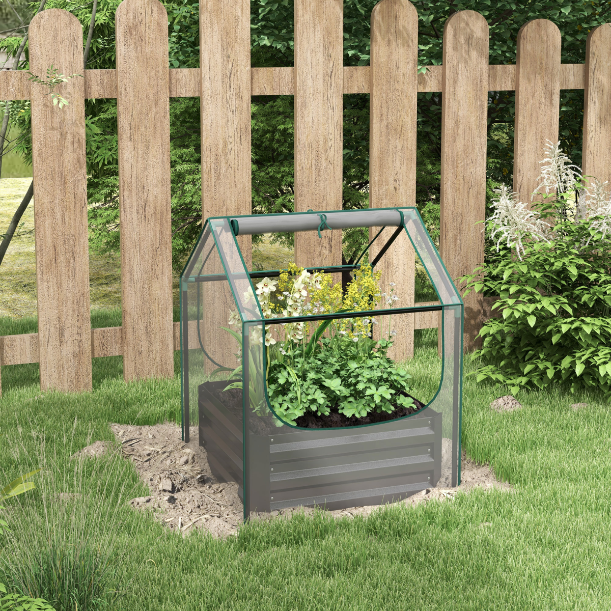 Outsunny Raised Garden Bed Planter Box with Clear Greenhouse Cover & Roll-Up Windows – 70 x 70 x 90cm, Grey