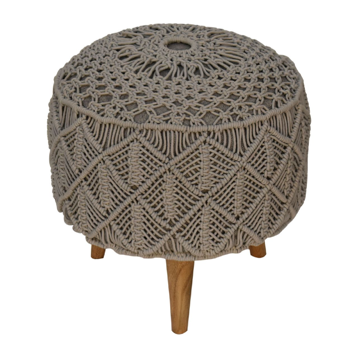 Artisan Furniture Solid Wood Footstool in Braided Grey Cotton with Nordic Style Legs – Boho Accent Seat, Beige
