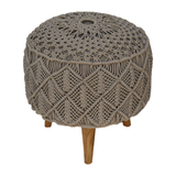 Artisan Furniture Solid Wood Footstool in Braided Grey Cotton with Nordic Style Legs – Boho Accent Seat, Beige