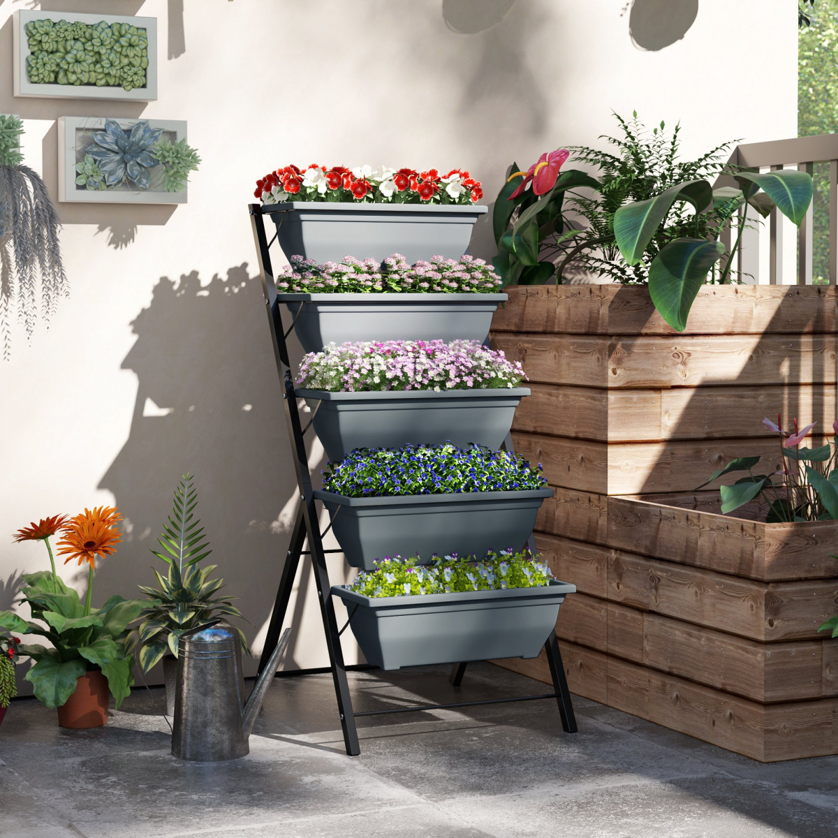 Outsunny 5-Tier Ladder Planter with 5 Removable Boxes – Raised Garden Bed for Balcony & Patio, Grey