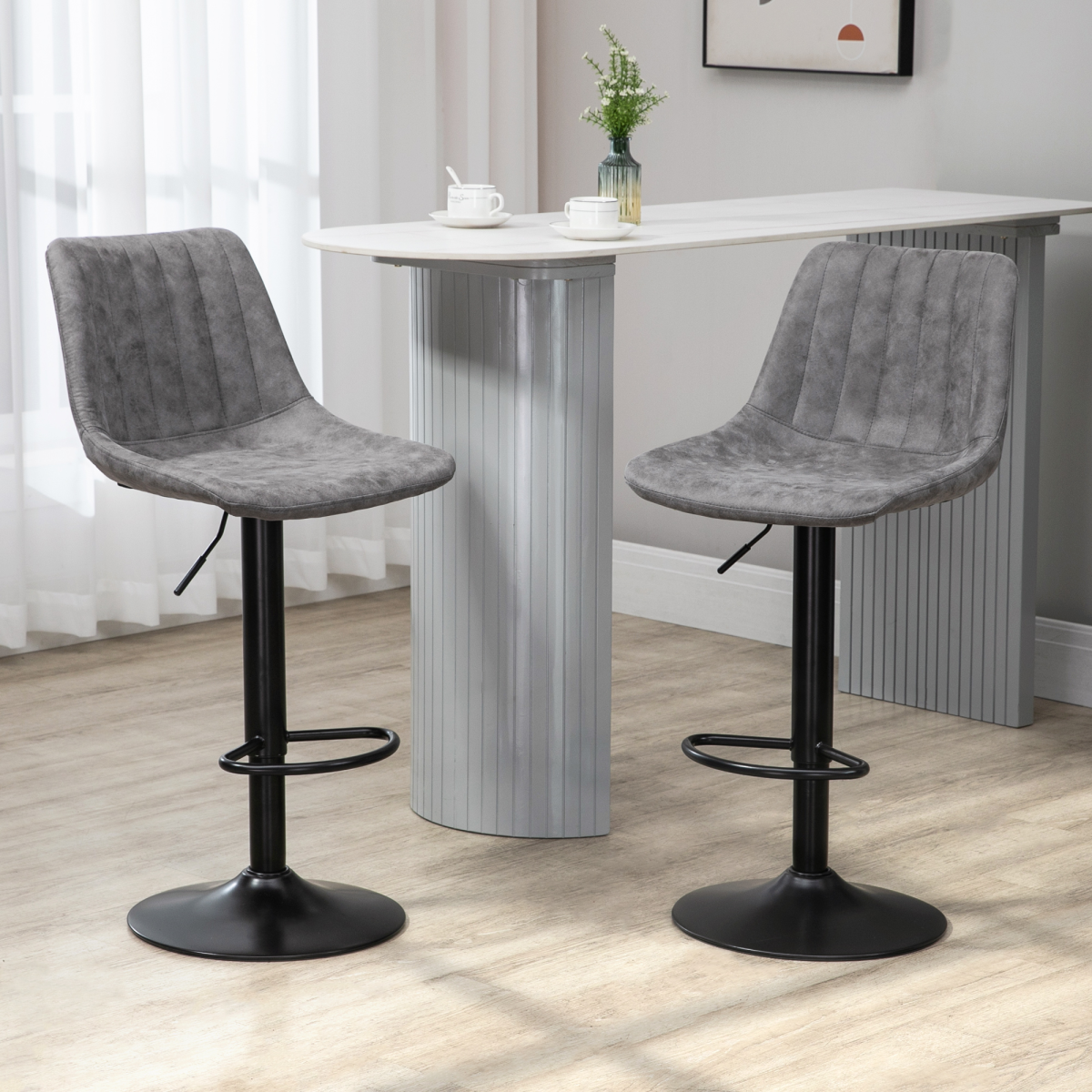 HOMCOM Set of 2 Retro Microfibre Tub Bar Stools with Footrest and Metal Frame – Grey