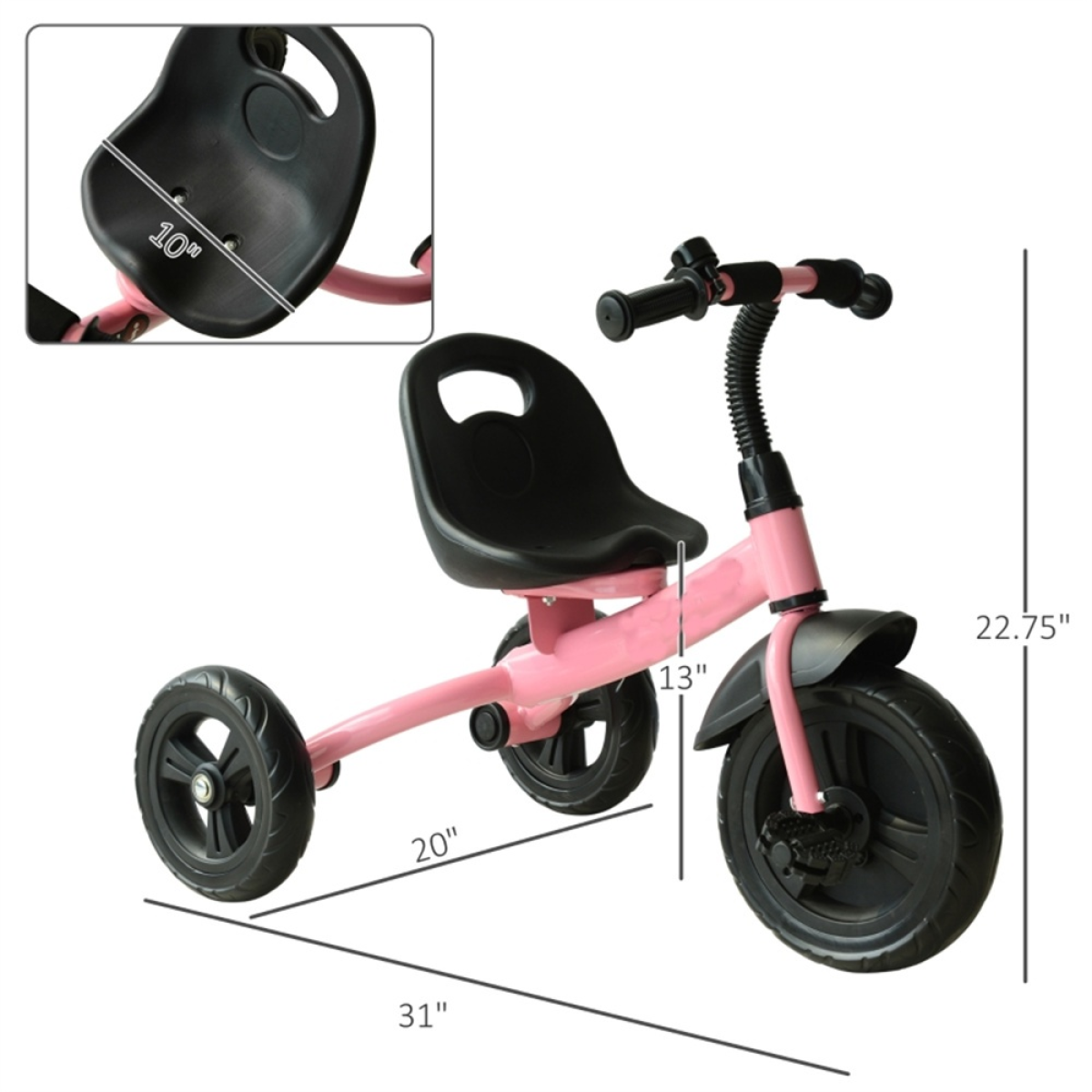 Kids Tricycle with Adjustable 2-Position Seat, Removable Front Wheel & Bell – Toddler Trike for Ages 2–5, Pink