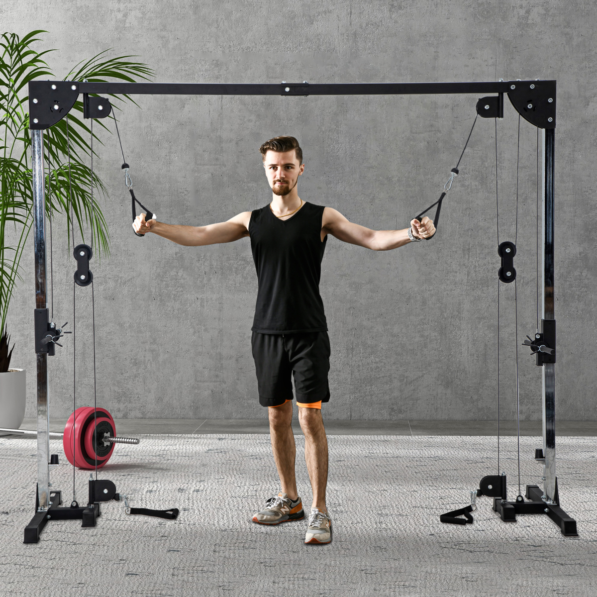 SPORTNOW Cable Crossover Machine with Pulley System & Four Handles – Full Body Strength Training, Black