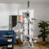 PawHut 240–260cm Floor-to-Ceiling Cat Tree with Scratching Posts, Houses & Hammocks – Cat Tower, Light Grey