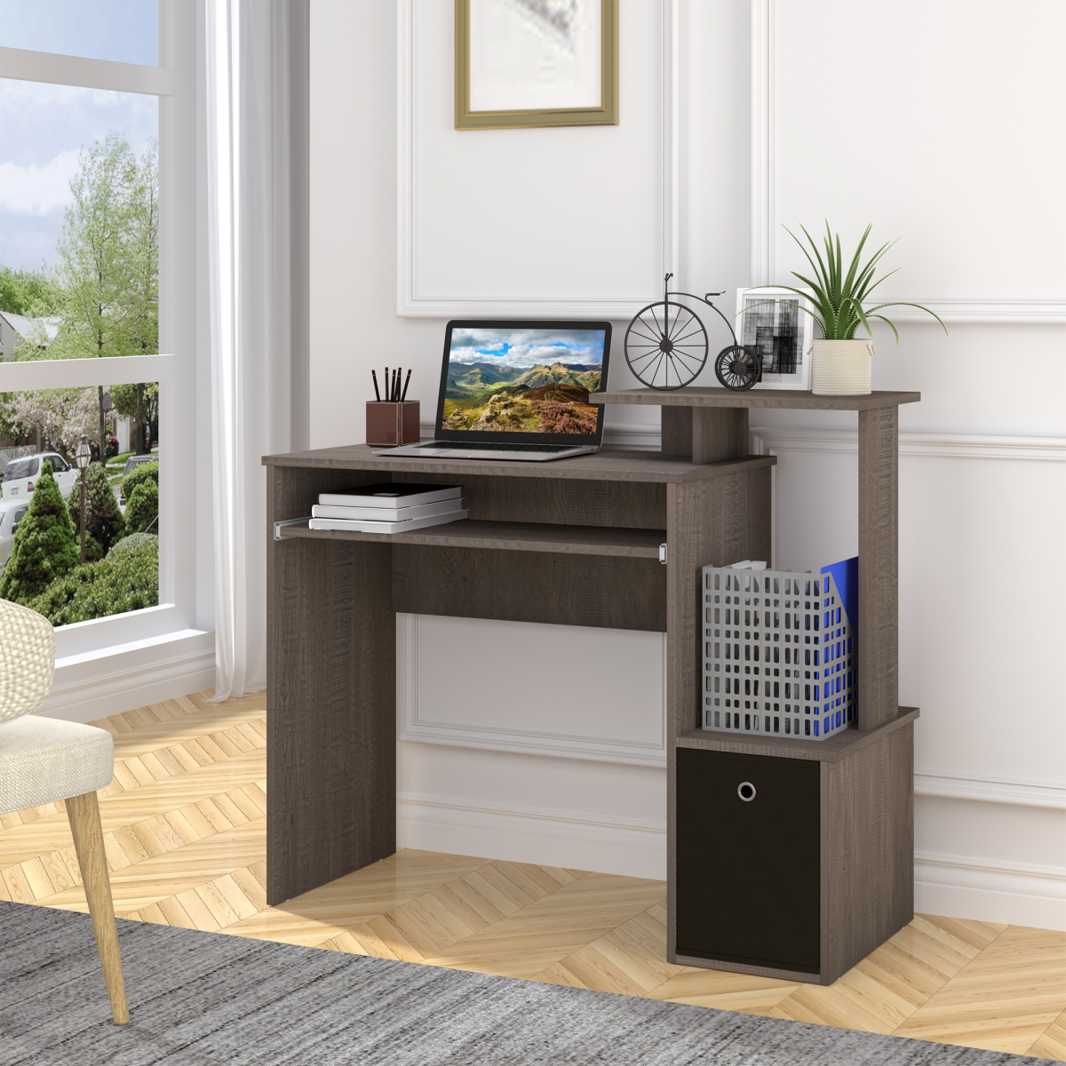 HOMCOM Computer Desk with Sliding Keyboard Tray, Storage Drawer & Shelf – Compact Home Office Desk, Grey