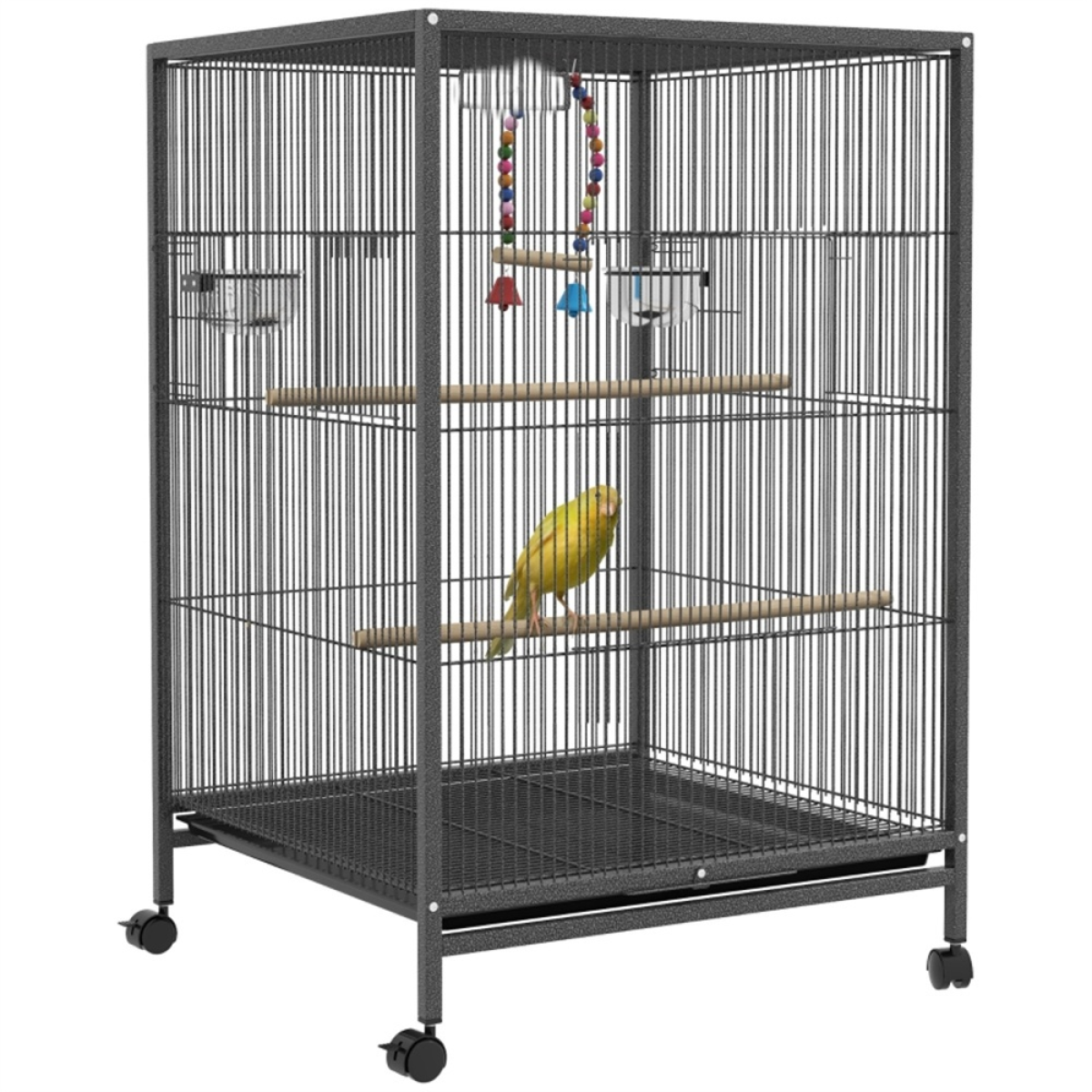 Rolling Bird Cage with Stand – Budgie, Canary and Finch Cage with Swing, Perches, Bowls and Storage Shelf, Grey