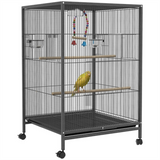 Rolling Bird Cage with Stand – Budgie, Canary and Finch Cage with Swing, Perches, Bowls and Storage Shelf, Grey