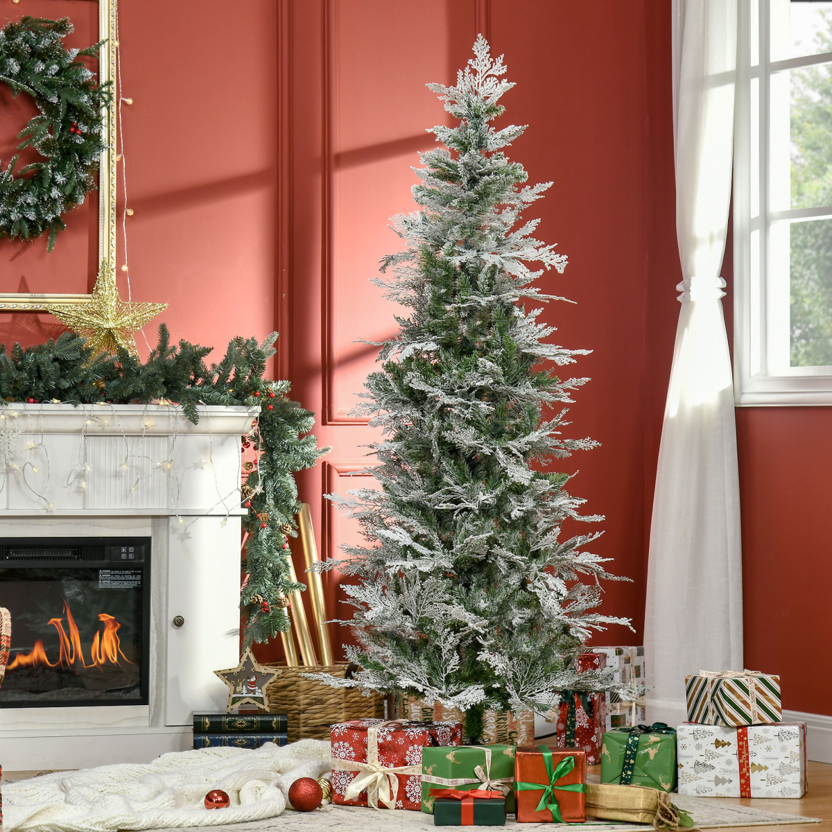 HOMCOM 6ft Snow Flocked Artificial Pencil Christmas Tree with Flame Retardant PVC & Metal Base – Unlit