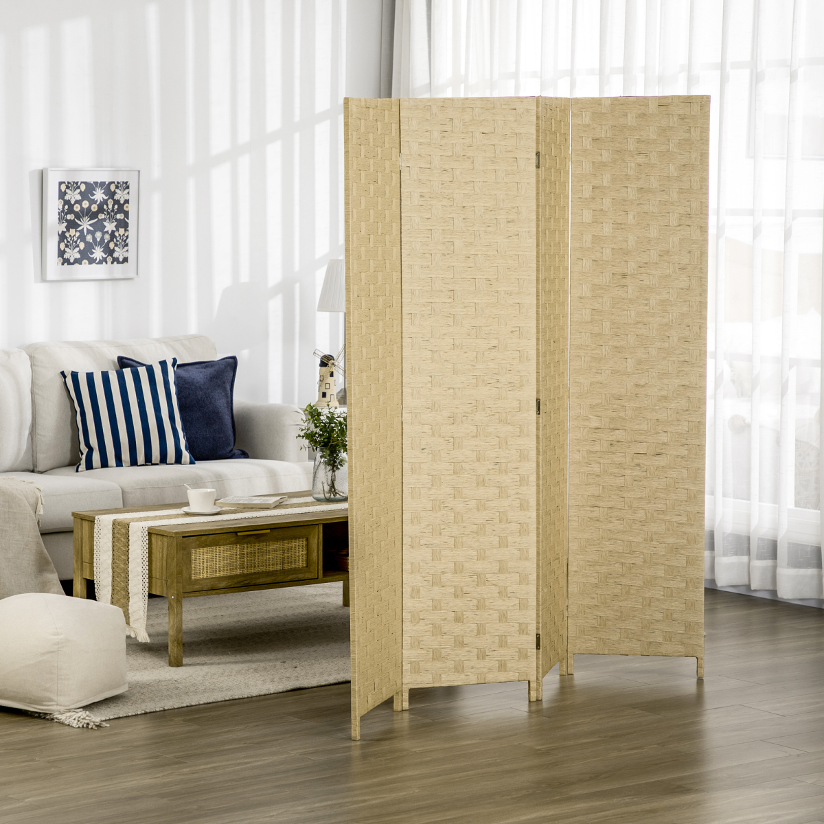 4-Panel Folding Room Divider, Wave Fibre Woven Wicker Effect Privacy Screen with Wood Frame, Brown