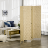 4-Panel Folding Room Divider, Wave Fibre Woven Wicker Effect Privacy Screen with Wood Frame, Brown