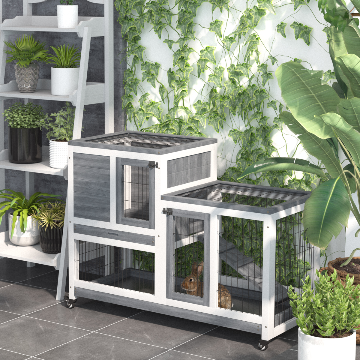 PawHut Wooden Two-Tier Rabbit Hutch with Wheels, Ramp and Slide-Out Trays – Indoor Guinea Pig House