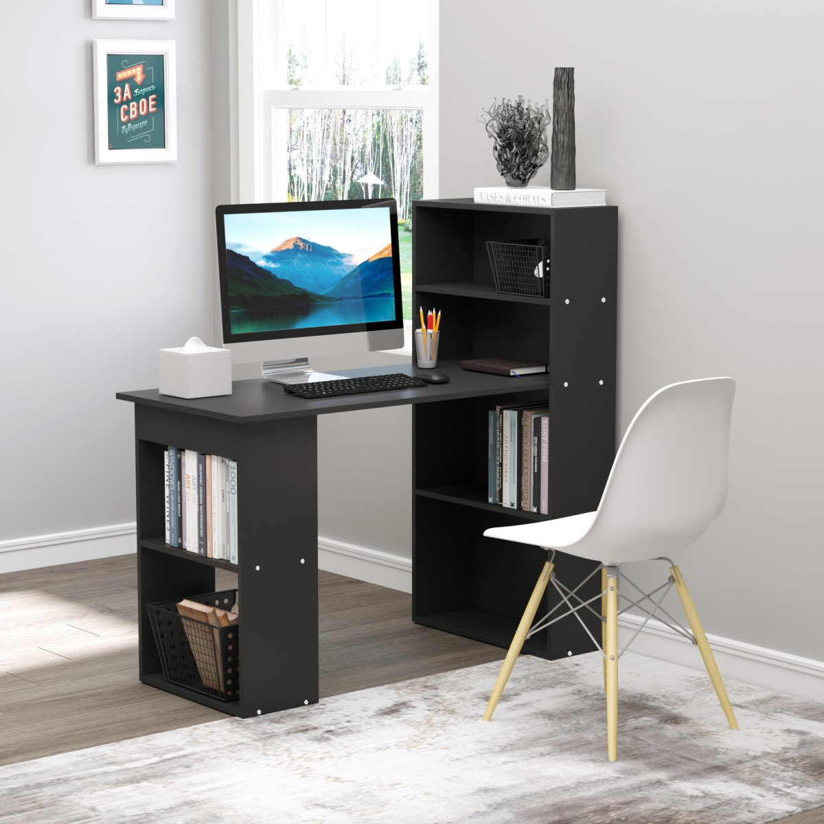 HOMCOM Computer Desk with 6 Shelves and Cubbies – Space-Saving Home Office Workstation, 120cm, Black