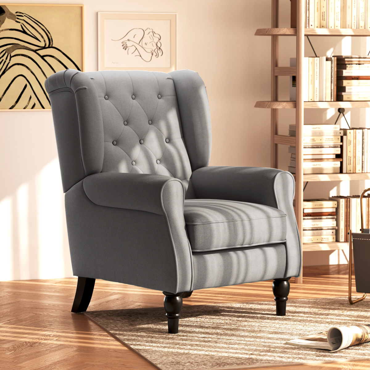 HOMCOM Retro Tufted Club Armchair with Padded Seat & Solid Wood Legs – Vintage Accent Chair, Dark Grey