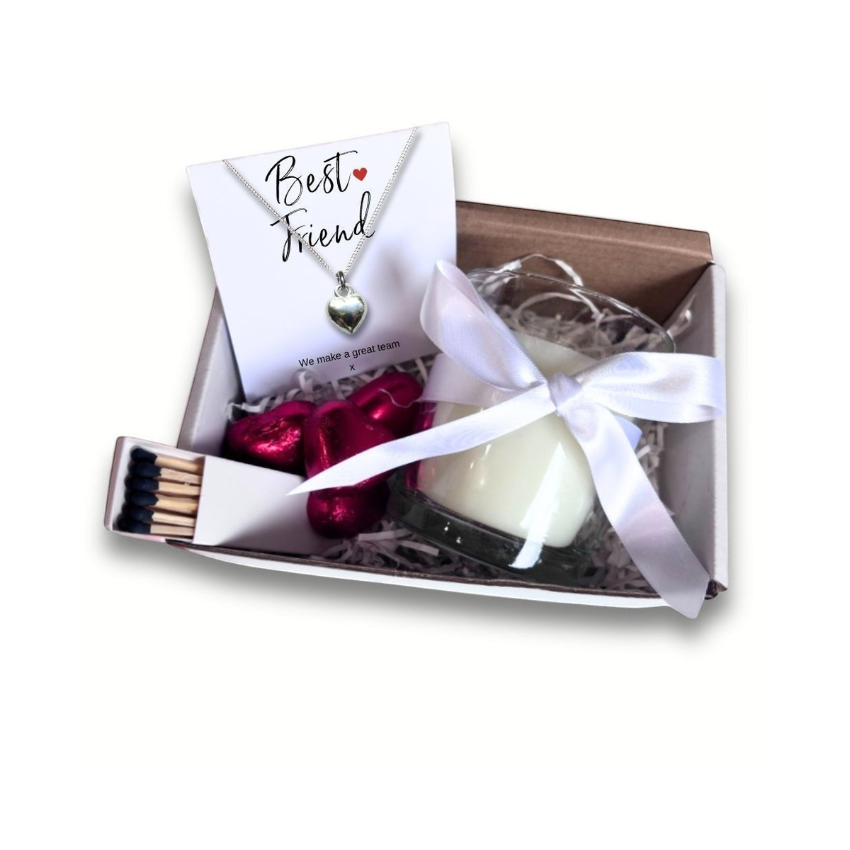 Aye Do Gifts Small Best Friend Gift Hamper – Silver Heart Necklace, Vanilla Candle & Milk Chocolates