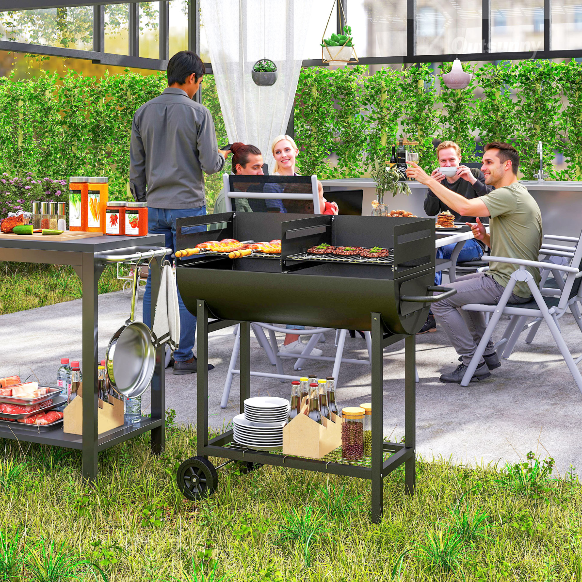 Outsunny 2-Grill Charcoal BBQ with Wheels, Adjustable Height and Mesh Shelf – Steel Backyard Barbecue, Black