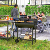 Outsunny 2-Grill Charcoal BBQ with Wheels, Adjustable Height and Mesh Shelf – Steel Backyard Barbecue, Black
