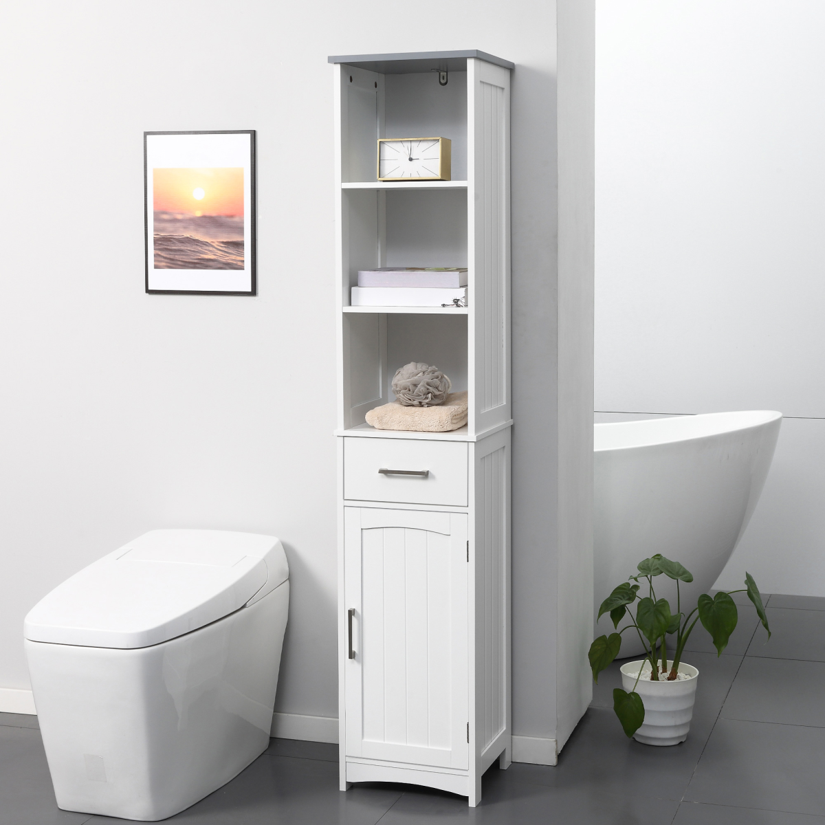 kleankin Tall Slim Bathroom Storage Cabinet with Drawer and Cupboard – Freestanding Linen Tower, White
