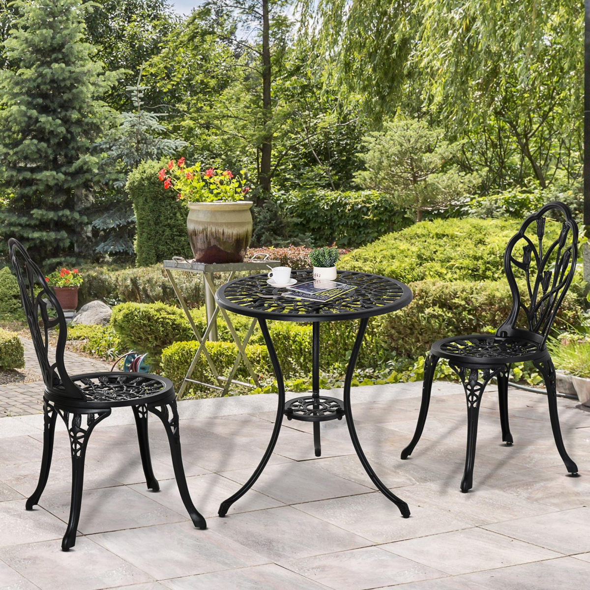 Outsunny 3-Piece Aluminium Bistro Set with 2 Chairs, Round Table & Umbrella Hole – Tulip Design Garden Furniture, Black