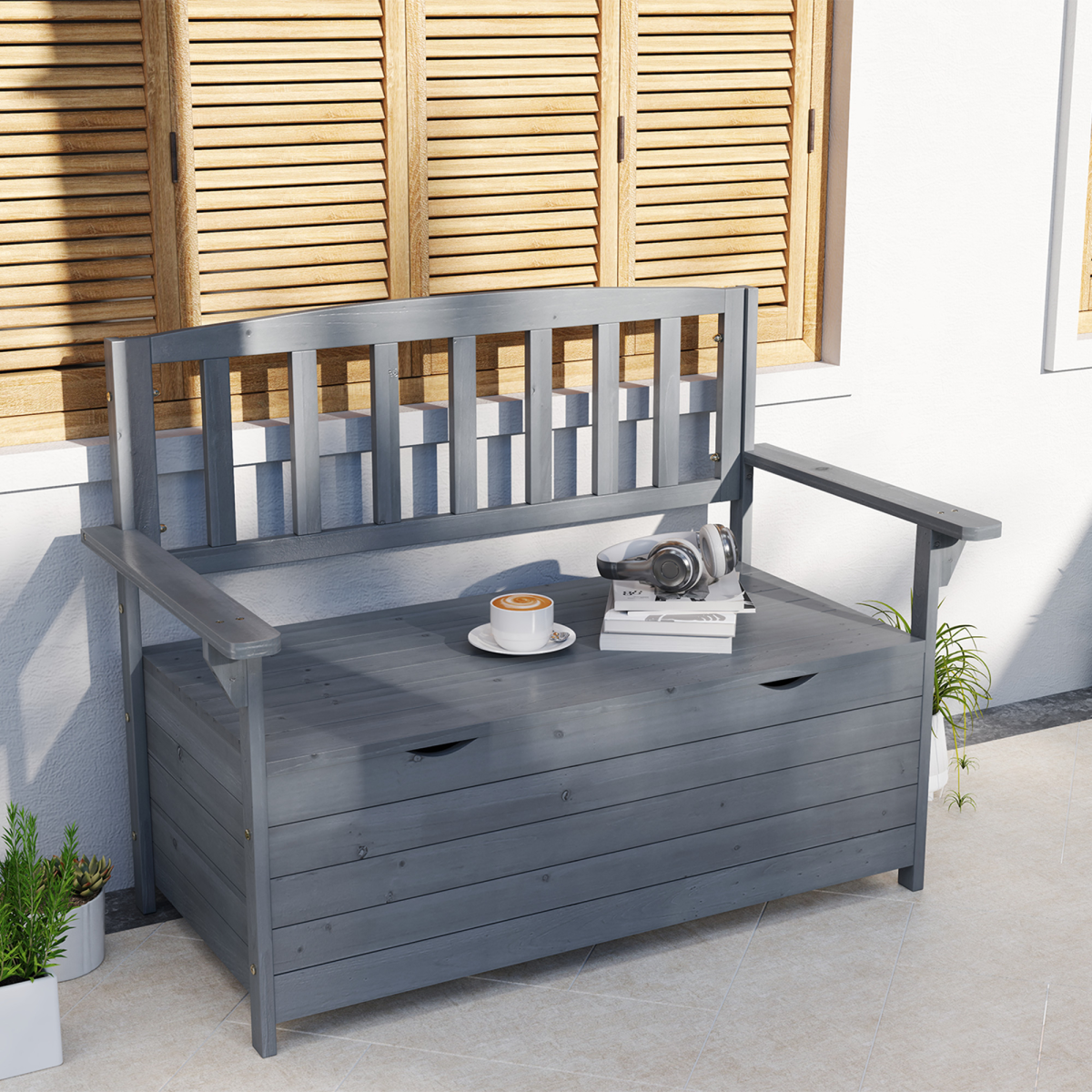 Outsunny 2-Seater Garden Storage Bench with Hidden 164L Compartment – Fir Wood Outdoor Seat, Dark Grey
