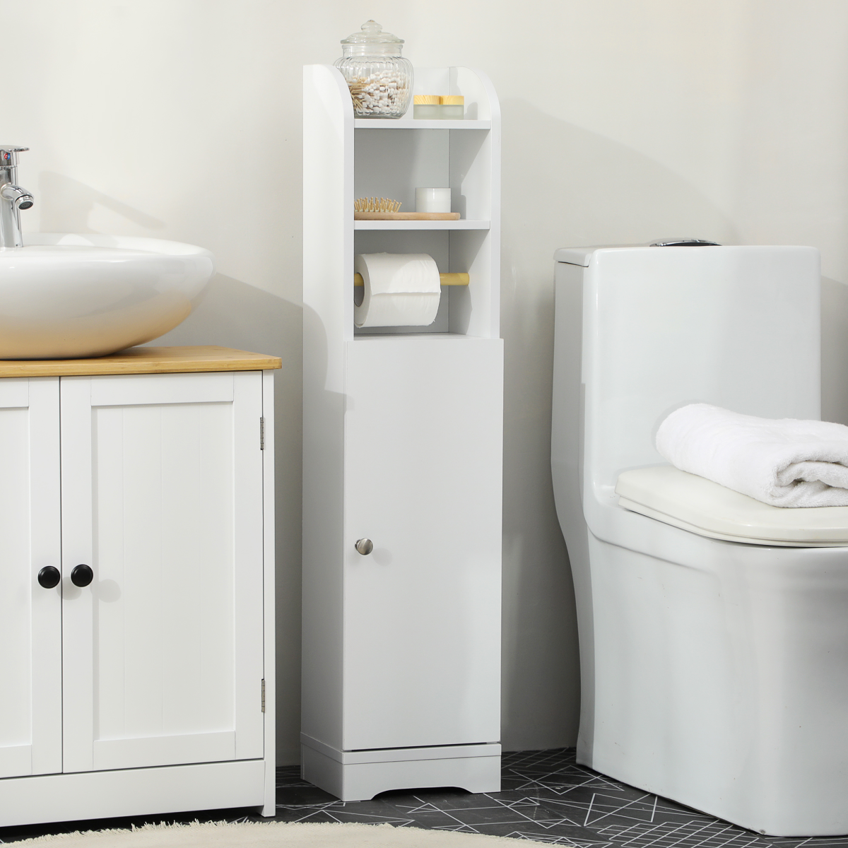 kleankin Freestanding Bathroom Storage Unit with Adjustable Shelf and Toilet Roll Holder – Slim, White