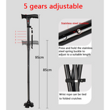 Folding Walking Stick with LED Light & Alarm, 5-Level Adjustable Height – Camping & Hiking Cane with 4-Foot Base