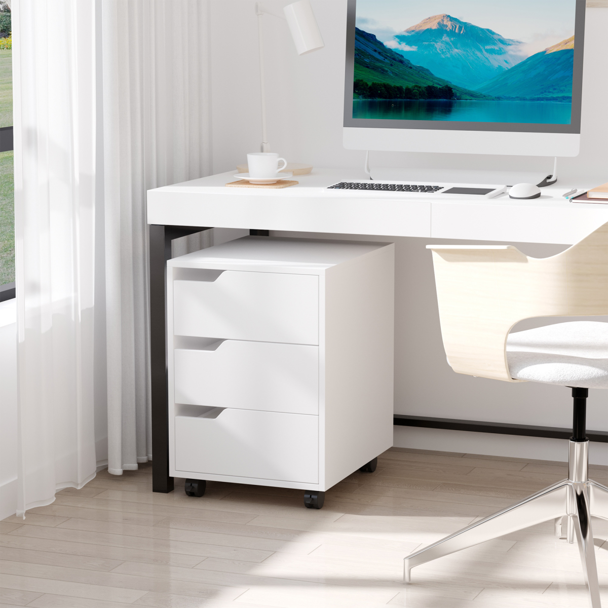HOMCOM MDF Mobile File Cabinet with 3 Sliding Drawers and Locking Wheels – Home Office Storage, White