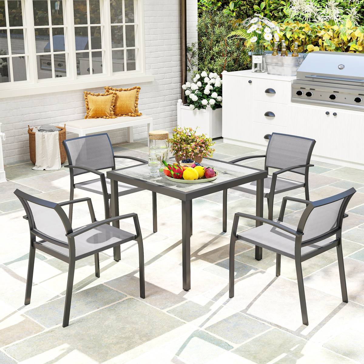 Outsunny 5-Piece Garden Furniture Set with Square Table & 4 Stackable Armchairs – Steel Frame, Grey