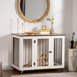 PawHut Dog Crate Furniture End Table with Lockable Door and Roller Castors – For Large Dogs, White