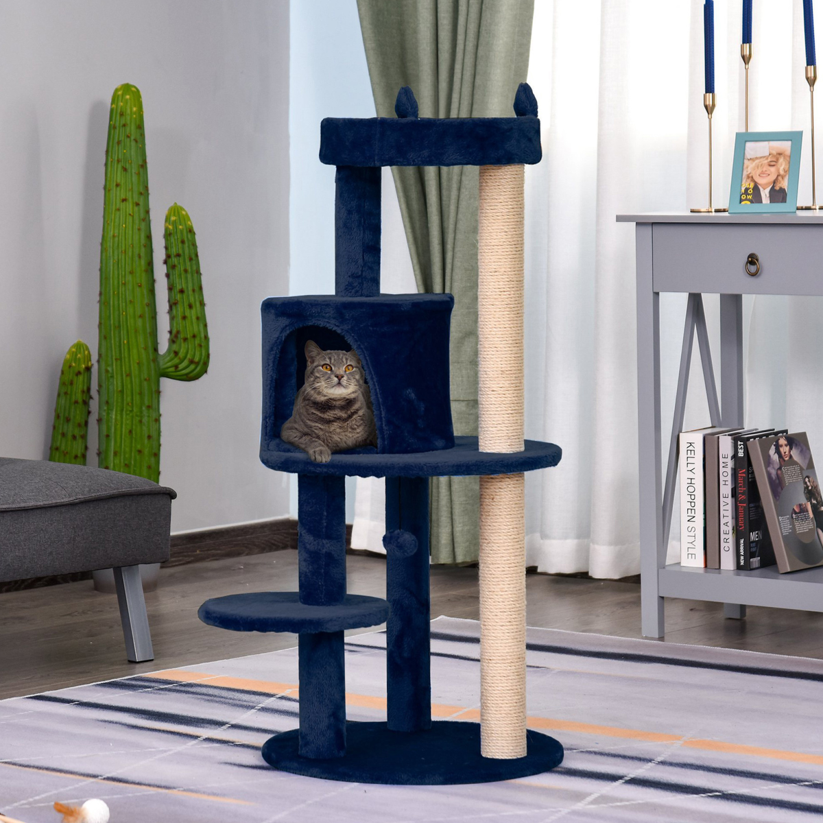 Pawhut 104cm Deluxe Cat Activity Tree with Scratching Posts, Ear Perch & Cosy House – Blue