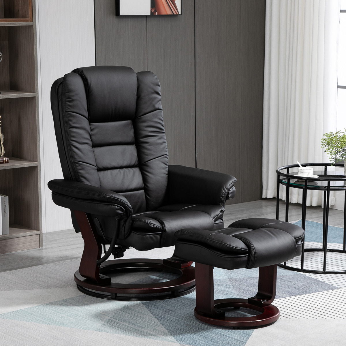 Swivel Manual Recliner Chair with Footstool – PU Faux Leather Lounge Armchair, Wood Base, 135° Recline, Black