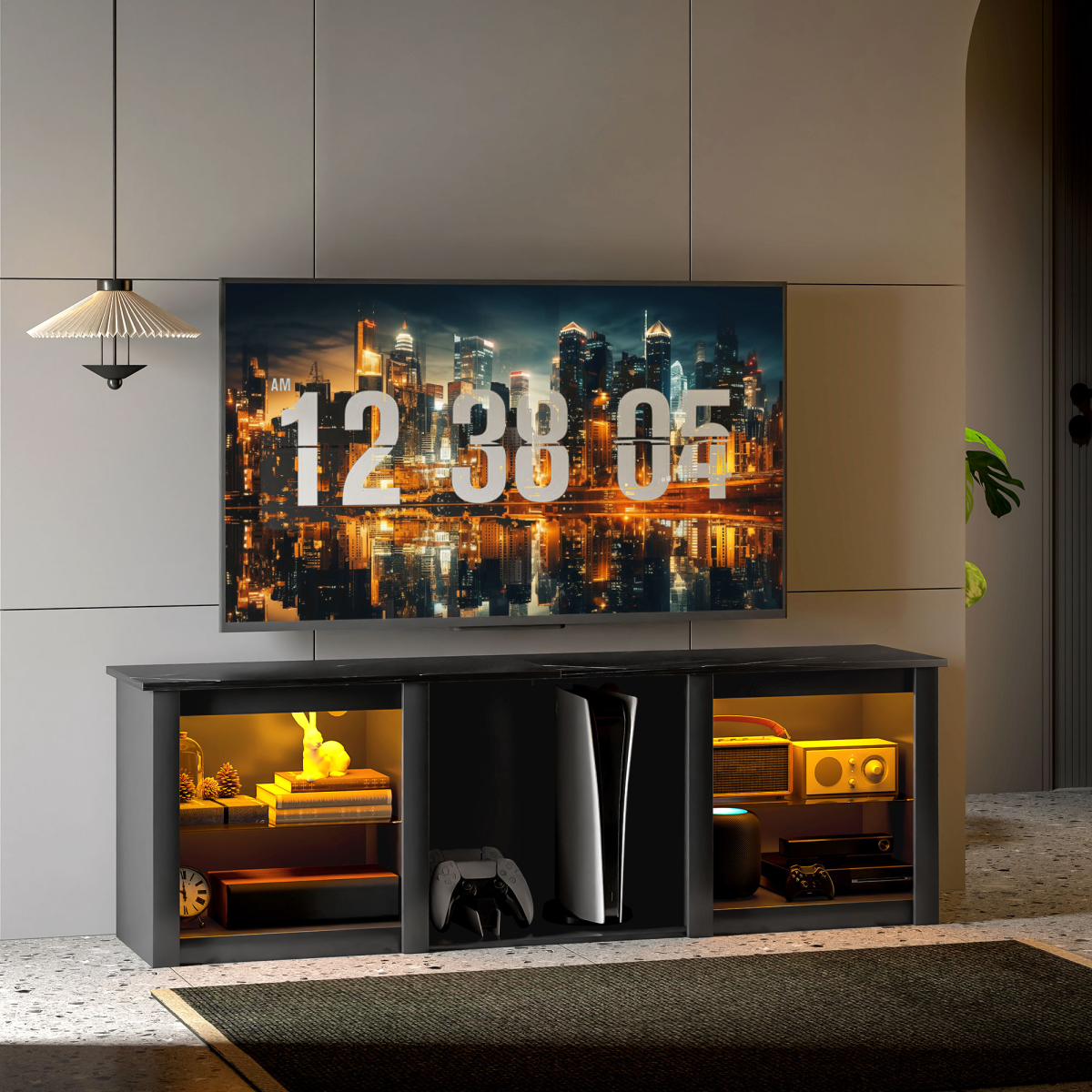 HOMCOM 160cm TV Unit with RGB LED Lights & Glass Shelves for TVs up to 65 in – Black Marble Effect