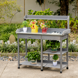 Outsunny Garden Potting Workstation Bench with Galvanised Metal Tabletop, Drawer and Shelves – Solid Wood