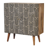 Artisan Furniture Solid Wood Edessa Bone Inlay Cabinet with 2 Shelves and Nordic Legs – Boho Style, Black & White