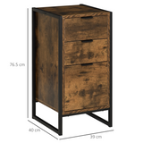 Industrial 3-Drawer Bedside Table with Steel Frame & Elevated Base – Bedroom Storage, Rustic Brown
