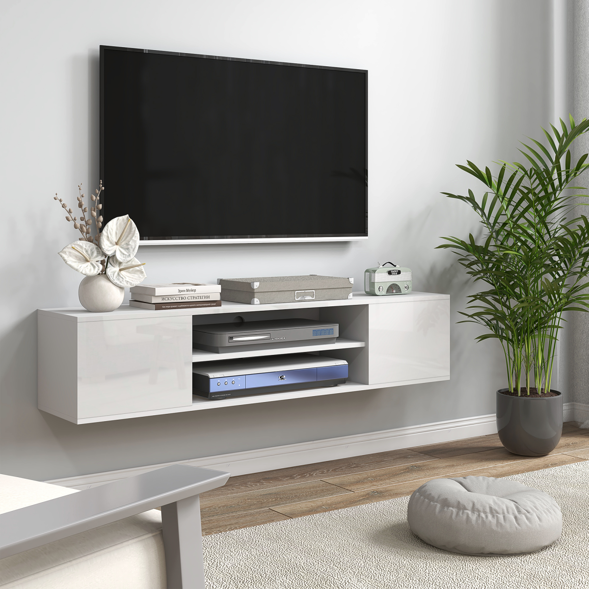 HOMCOM Wall-Mounted Floating TV Unit for TVs up to 60" with Shelves & Cabinets – High Gloss White