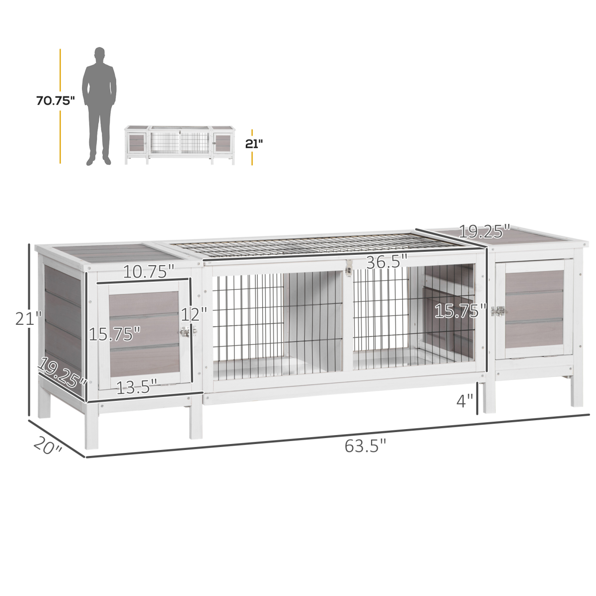 Indoor Wooden Rabbit Hutch with Run, Removable Divider & Slide-Out Tray – Small Animal Cage, White & Grey