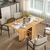 HOMCOM Folding Drop-Leaf Dining Table with 2 Storage Shelves & Lockable Wheels – Space-Saving, Teak