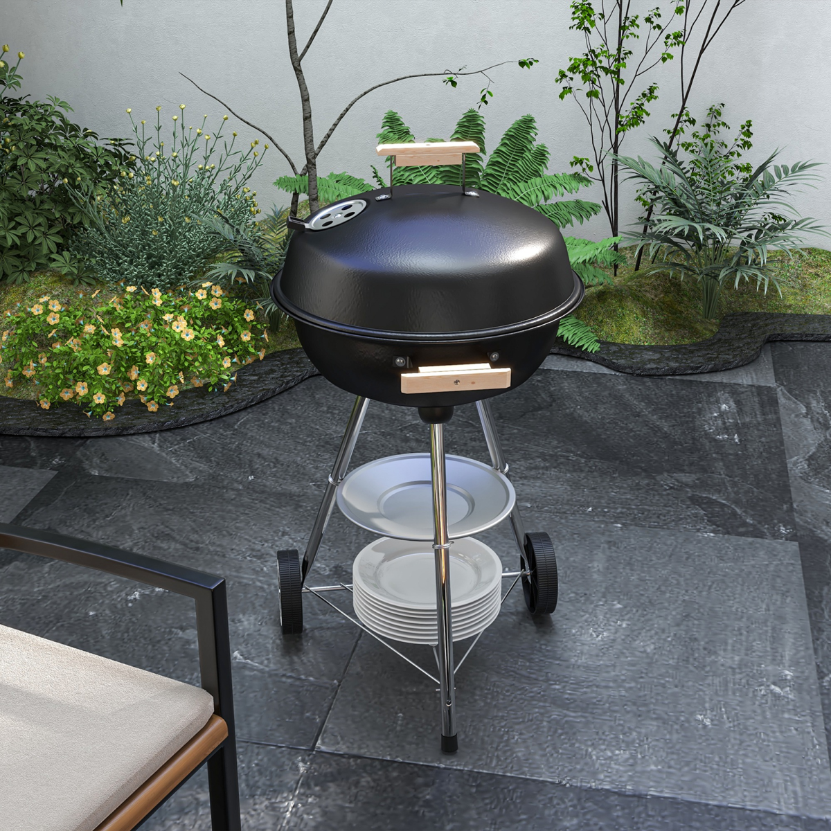 Outsunny Steel BBQ Grill with Porcelain Enamel Lid, Air Vents & Bottom Shelf – Wheeled Barbecue, 85cm High