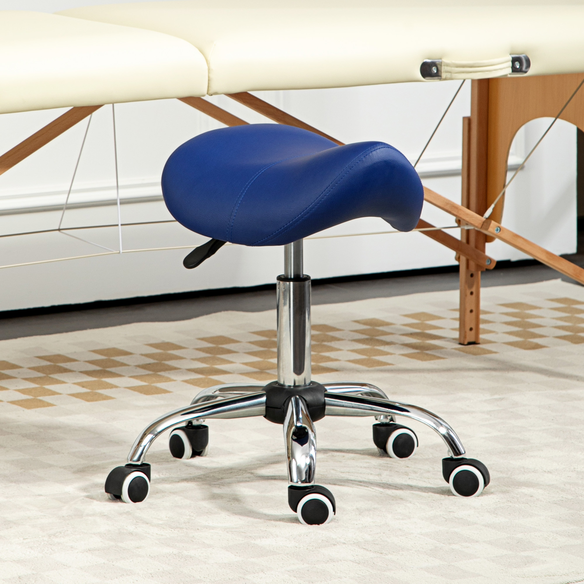 HOMCOM PU Leather Saddle Stool with Moulded Padded Seat – Height Adjustable Salon Chair, Dark Blue