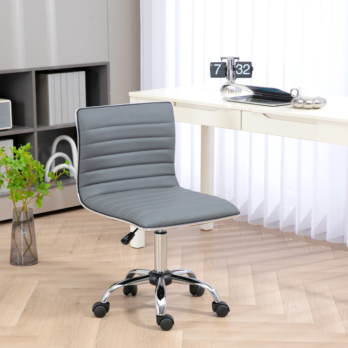HOMCOM Armless Mid-Back Office Chair with 360° Swivel & Height Adjustment – PU Leather Desk Chair, Light Grey